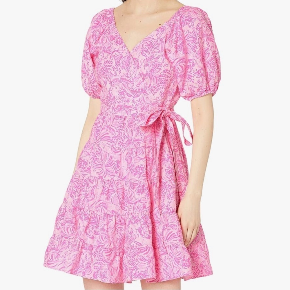 Lilly Pulitzer Women’s Pink Blossom Foxy Llama Floral Linen Wrap Dress Size 4